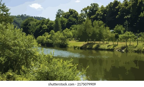 Vector illustration of nature. Greenery around the riverbed. The river and the surrounding environment. Nature, trees, grass, environment. Fantastic planet Earth.