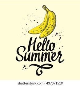 Vector illustration with nature hand-drawn sketch of banana. Summer poster with fruit on white background. Sketch style.