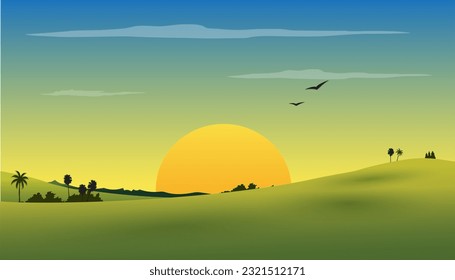 Ilustración vectorial de la vista de las colinas naturales, puesta de sol.