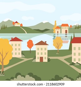 Vector illustration of nature with houses and a river.
