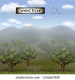 Vector illustration of nature landscape background with green grass hills and trees