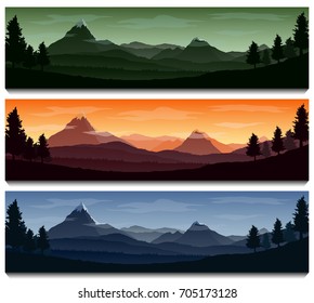 Vector illustration of Nature landscape background with silhouettes of mountains and trees