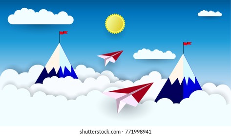 Vector illustration of nature landscape and concept of business, plane flying on sky with cloud and mountain.design by paper art and craft style