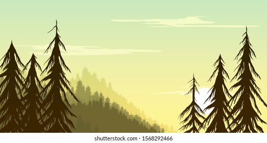 vector illustration of nature landscape, conifer forest, mountains and sunset