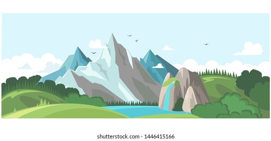 Vector illustration with nature landscape - mountains, hills, waterfall