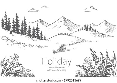 Vector illustration nature  landscape and mountains  meadows   forest  Illustration tourism   recreation in the wild  hand  drawn sketch  black   white graphics