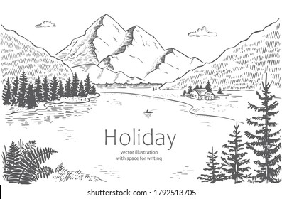 Vektorgrafik der Natur. Landschaft mit Bergen, Wiesen, Fluss und Wald. Illustration von Tourismus und Erholung in freier Wildbahn. handgezeichnete Skizze, Schwarz-Weiß-Grafik