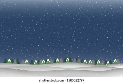 Vector illustration of nature landscape in night winter. Pine trees landscape with snowfall in the night. Design for winter theme banner.
