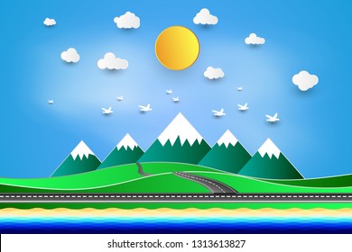 Vector illustration nature landscape. Paper cut style.