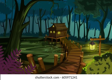 vector illustration of Nature Landscape scenery Background, mysterious swamp shack at night