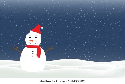 Vector illustration of nature landscape with snowman in night winter. Landscape with snowman and snowfall in the night. Design for winter theme banner.
