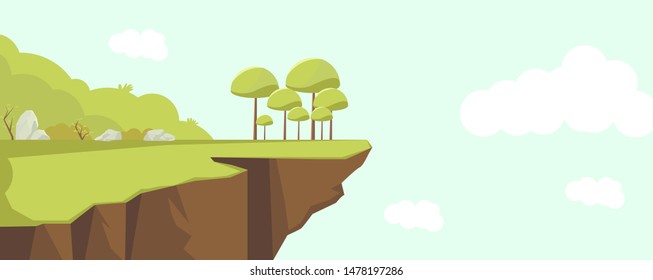 vector illustration of nature landscape, trees on the edge of cliff, clouds and rock stones