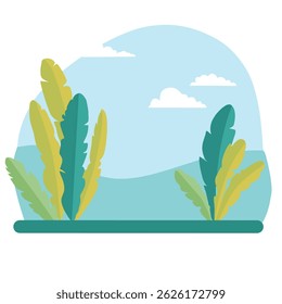 Ilustração vetorial de uma paisagem natural com um campo de trigo e um campo de milho sob o céu de verão