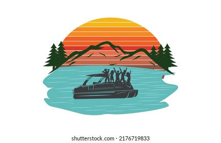 Vector illustration of nature in the mountains. Tourism in nature. landscape with mountains, lake and forest. Illustration of tourism and recreation