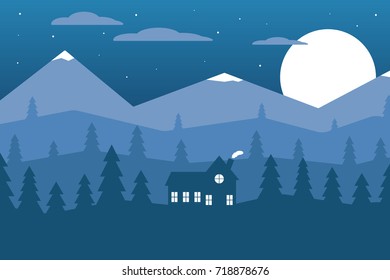 Vector illustration of nature night landscape with mountain and house. Flat style. 