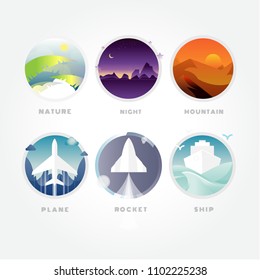 vector illustration. nature. Night. Mountain. plane. rocket. ship. on white background. travel. transportation