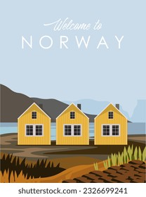 Ilustración vectorial. Naturaleza, Noruega. Europa. Casas noruegas. Diseño para afiches, postales, banner.