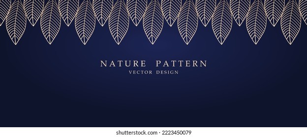 Ilustración vectorial. Patrón natural con hojas doradas sobre un fondo azul oscuro. Fondo del sitio, para el embalaje, diseño del producto.