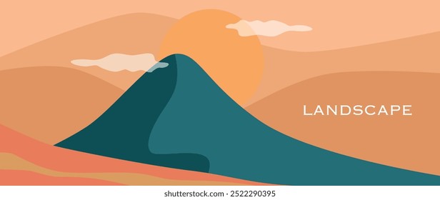 Ilustración vectorial. Naturaleza y concepto de Ocio. Fondo con montañas y colinas. Estilo minimalista de diseño de paisaje. Adecuado para fondos, salvapantallas y diseños de invitación.