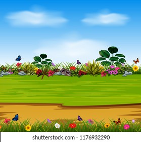 vector illustration of a nature scene with the beautiful garden flowers