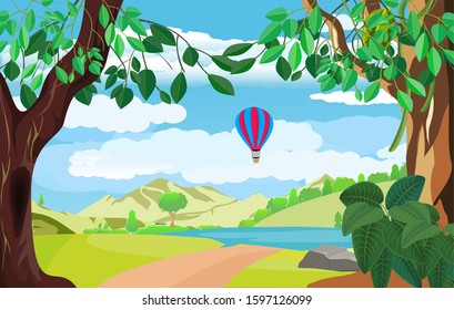  vector illustration of nature scene, forest, woodlands, air baloon in the sky, green hills