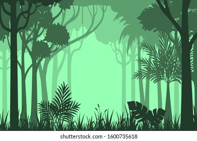 vector illustration of nature, silhouette design of natural scenery of trees and grasses in a tropical forest