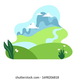 Vector illustration of nature. Stock illustration of a park with a river and hills. Illustration of beautiful nature in calm shades. Illustration of bewitching nature