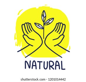 Vector illustration of nature symbol with cartoon sprout between two palm on yellow background with text. Line art style design of palm for web, site, banner