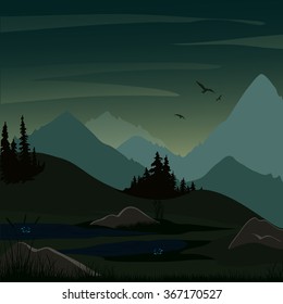 vector illustration of nature, terrible dark swamp spruce, hilly landscape, boulders, mountains, birds of prey, dark heavy clouds. Backgrounds for the game application.