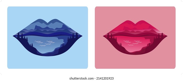 Vector illustration of nature, trees, forest, beach, mountains, and applied with human lips shape. concept of human body parts and nature. suitable for wall wallpaper, logo, poster, background.