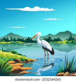 Vector illustration of nature view of lake and birds.