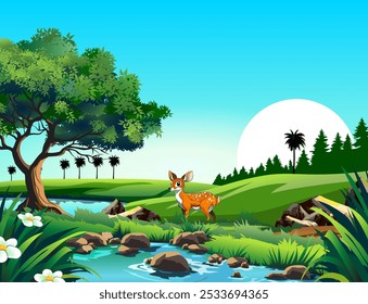 Vector illustration of nature view of lake and animal.