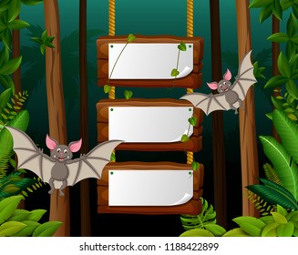vector illustration of the nature view with the three wooden board blank space and two bat