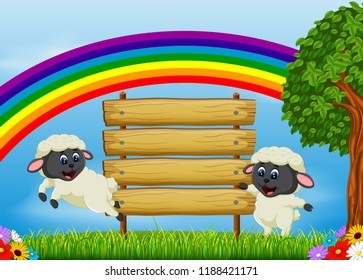 vector illustration of the nature view with the wooden board blank space and two sheep playing near it