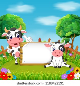 vector illustration of the nature view with the wooden board blank space and two cow holding it