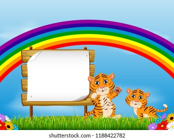 vector illustration of the nature view with the wooden board blank space and two baby tiger under the rainbow