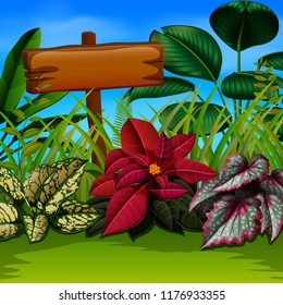 vector illustration of an nature walpaper with the wooden board and leaves