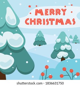 Vector illustration of the nature of winter. with Christmas. In the woods in winter. Christmas tree in the snow. Greeting card. Abstract Christmas tree