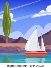 Vector illustration of nature with a yacht on a background of mountains. Postcard on the theme of vacation, travel in cartoon style.