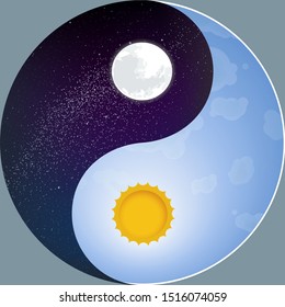 Vector illustration. Nature yin yang with sun and moon. Night and day.