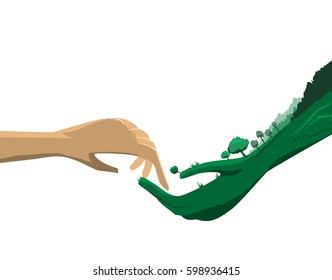 Vector illustration with nature's hand and people hand. Man is concerned with nature