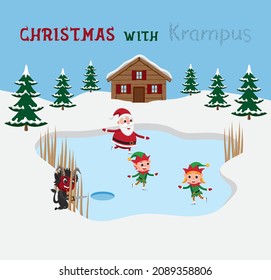 Vector illustration of Naughty Krampus sabotaging Santa's ice skating session