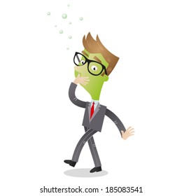 Vector illustration of a nauseous and green faced cartoon businessman trying not to puke.