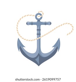 Vector illustration of nautical anchor with rope isolated on white background. Classic marine symbol representing stability, security and adventure. Perfect for maritime designs, sailing concepts