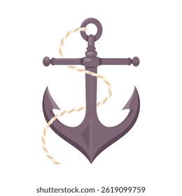 Vector illustration of nautical anchor with rope isolated on white background. Classic marine symbol representing stability, security and adventure. Perfect for maritime designs, sailing concepts