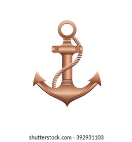 Vector illustration of nautical bronze anchor on a white background. Illustration in a nautical style. Realistic anchor. Vector background for cards, invitations, banners, web-sites.