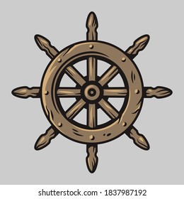 Vector illustration of nautical captain helm. Symbol of sailors, sail, cruise and sea. Marine symbol.