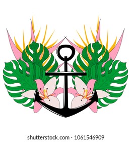 Vector illustration. Nautical or marine theme design. Invitation or card or background with anchor and tropical plants