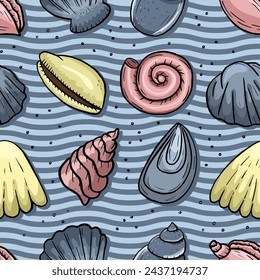 Vector illustration, nautical pattern, seashell, sea, foam, wave