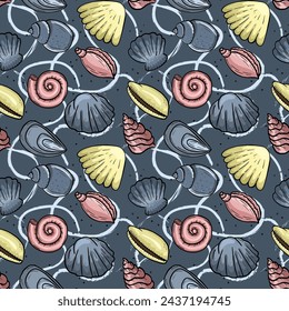 Vector illustration, nautical pattern, seashell, sea, foam, wave